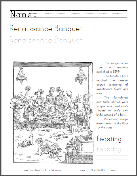 Renaissance Banquet Coloring Page with Handwriting and Spelling Practice - Free to Print (PDF File)