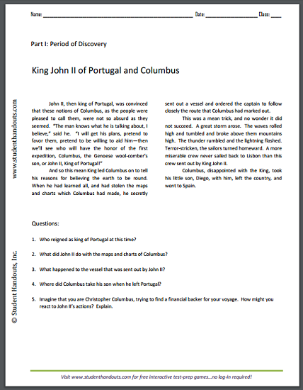 King John II of Portugal and Columbus - Reading with questions for upper elementary students. Free to print (PDF file).