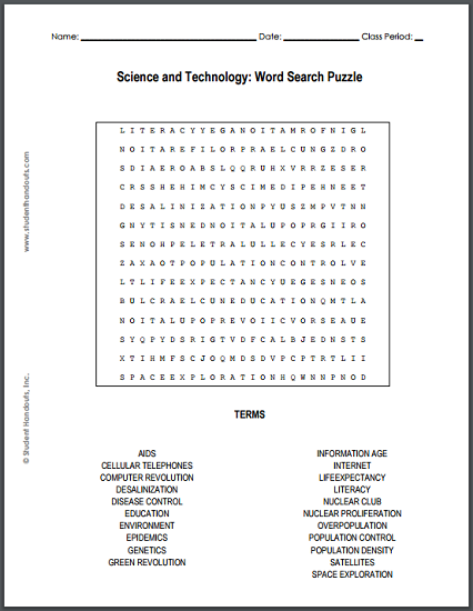 Science and Technology Word Search Puzzle - Free to print (PDF file).