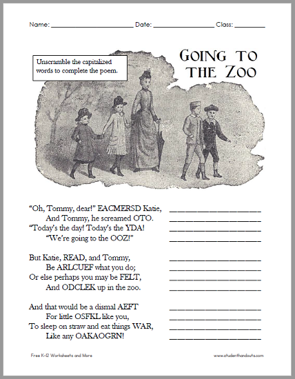 "Going to the Zoo" Poem Unscramble Worksheet - Free to print (PDF file).