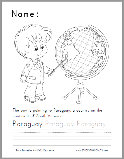 Paraguay on the Globe Coloring Sheet with Handwriting and Spelling Practice