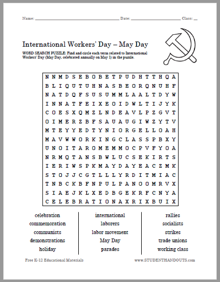 International Workers' Day (May Day) Word Search Puzzle
