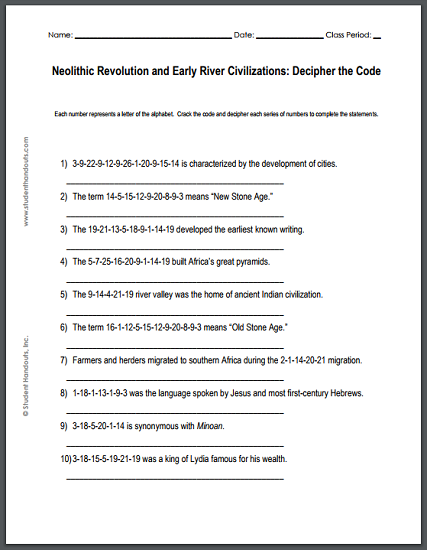 The Neolithic Revolution and Early River Valley Civilizations Decipher-the-code Puzzle Worksheet - Free to print (PDF file).