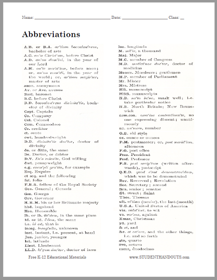 Abbreviations Handout - Free to print (PDF file).