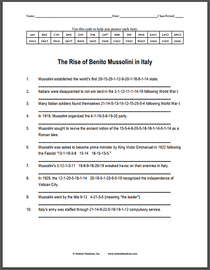 Rise of Benito Mussolini in Italy - Code puzzle worksheet for high school World History. Free to print (PDF file).