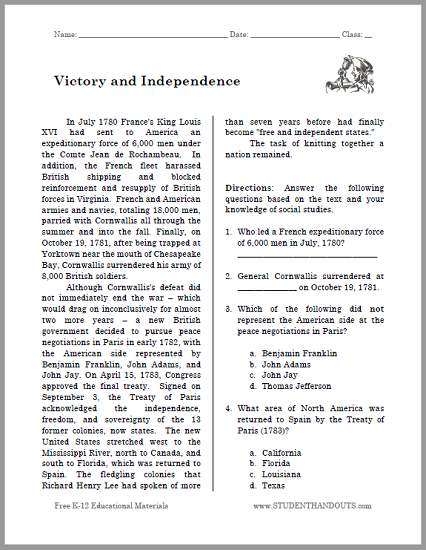 "Victory and Independence" Reading with Questions for High School United States History
