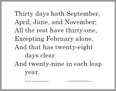 Thirty days hath September, April, June, and November; All the rest have thirty-one, Excepting February alone, And that has twenty-eight days clear And twenty-nine in each leap year.