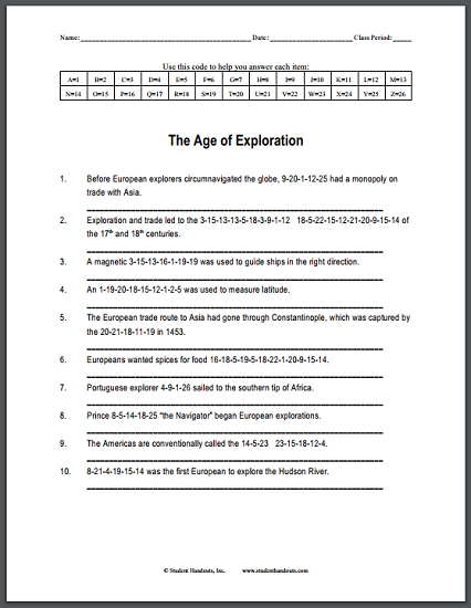 The Age of Exploration Code Puzzle Worksheet - Free to print (PDF file).