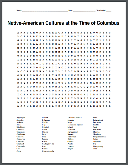 Native-American Cultures at the Time of Columbus Word Search Puzzle - Free to print (PDF file).