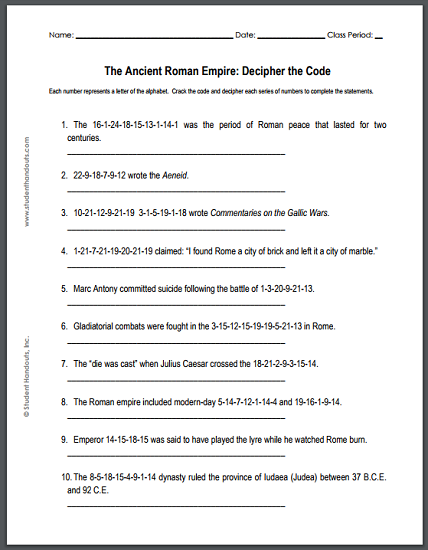 Ancient Roman Empire - Decipher-the-code puzzle worksheet is free to print (PDF file).