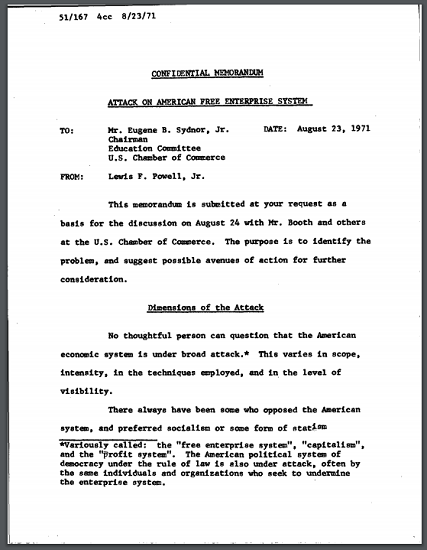 Powell Memorandum (1971) - Primary source document for United States History. Free to print (PDF file).