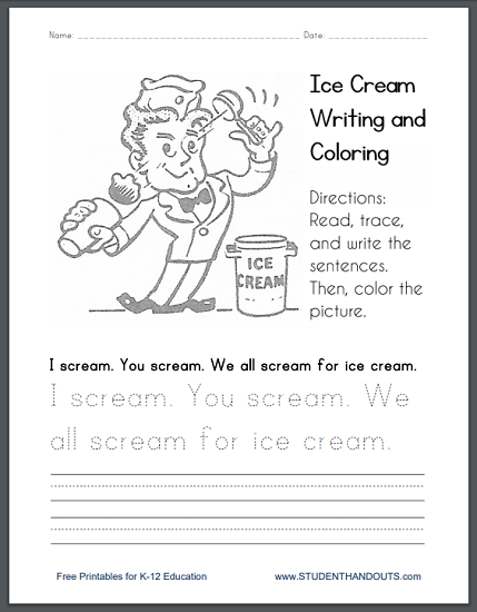 Scream for Ice Cream Coloring Page - Includes handwriting and spelling practice. Free to print (PDF file).
