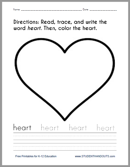 Heart Coloring and Writing Worksheet - Free to print (PDF file) for kindergarten and first grade.