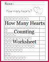 "How many hearts?" Counting Worksheet for Kindergarten