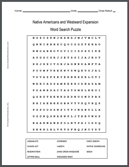 Native Americans and Westward Expansion Word Search Puzzle - Free to print (PDF file) for high school United States History students.
