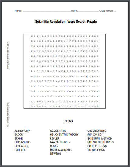 Scientific Revolution Word Search Puzzle - Free to print (PDF file) for high school World History students.