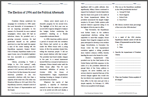 The Election of 1996 and the Political Aftermath - Reading with questions for U.S. History. Free to print (PDF file).