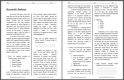 Roosevelt's Reforms - Free printable reading with questions for high school United States History classes (PDF file).