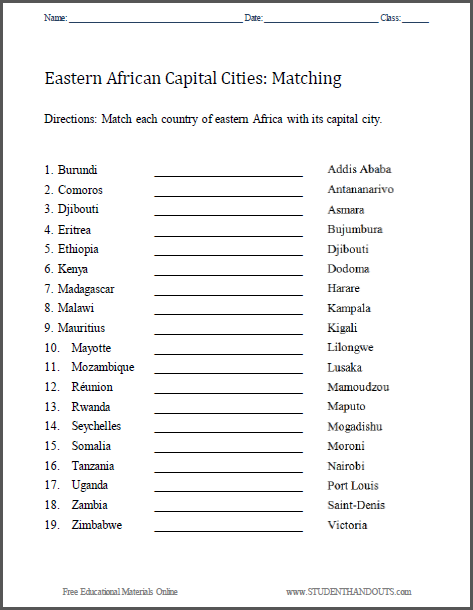 East Africa Capitals Matching Worksheet - Free to print (PDF file).