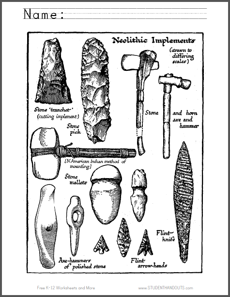 Neolithic Tools Coloring Page - Free to print (PDF file).