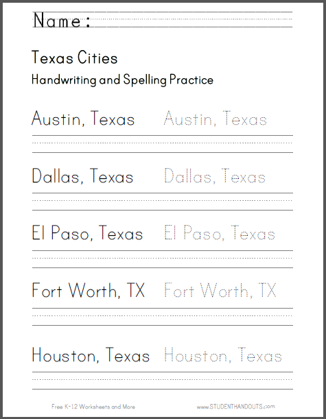 Texas Handwriting Practice Worksheets - Free to print (PDF files). Cursive script or print manuscript.
