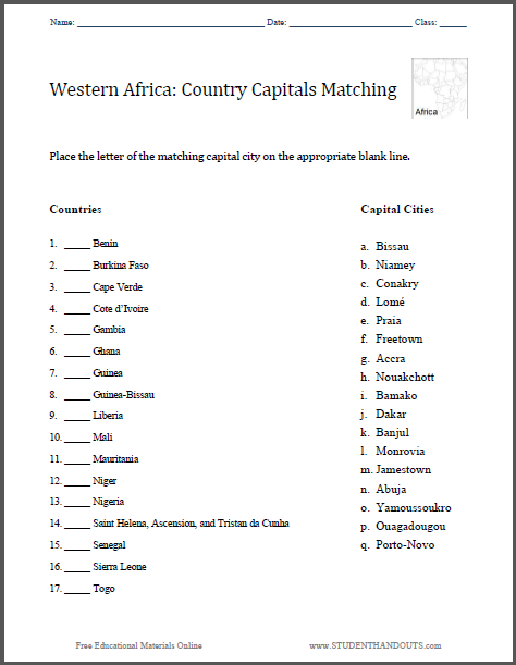 Western Africa: Country Capitals Matching Worksheet - Free to print (PDF file).