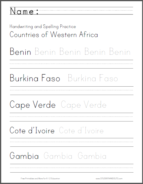 Western African Countries Handwriting and Spelling Practice - Worksheets are free to print (PDF files).