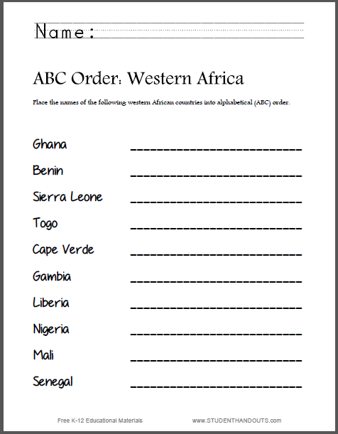 Western African Countries ABC Order - Worksheet is free to print (PDF file).