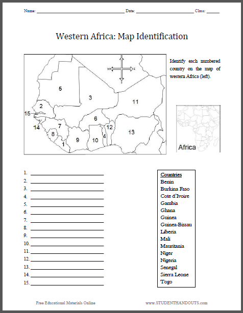 Western Africa Map Identification Worksheet - Free to print (PDF file).