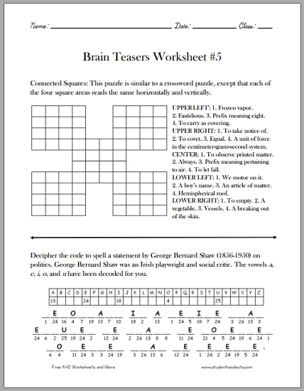Brain Teasers for Kids Worksheet #5 - Free to print (PDF file).