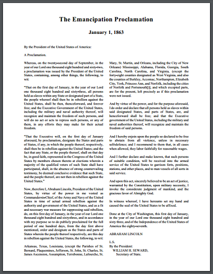 Emancipation Proclamation, 1863 - Free Historical Document to Print (PDF File)