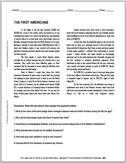 "The First Americans" Reading with Questions for High School United States History Students