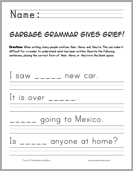 Garbage Grammar Gives Grief! - ELA worksheet for lower elementary students is free to print (PDF file).