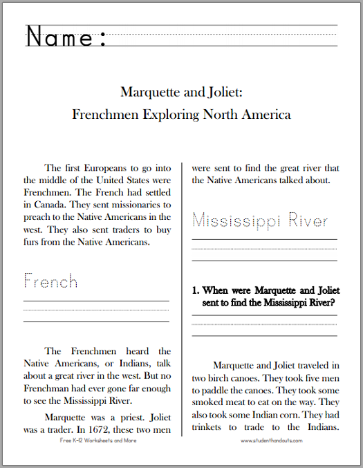 Marquette and Joliet: Explorers - Free printable workbook for lower elementary.