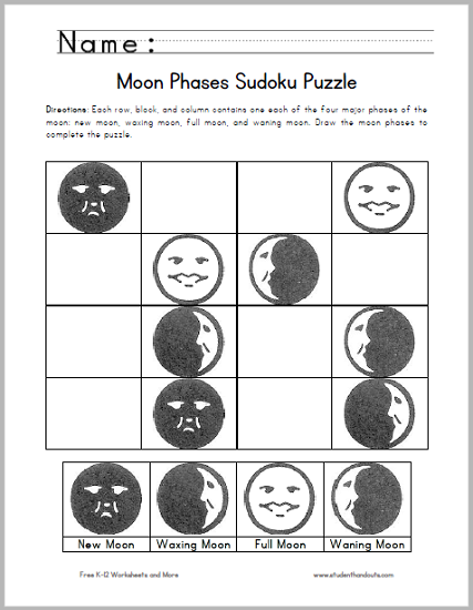 Moon Phases Sudoku Puzzle for Kids - Free to print (PDF file).