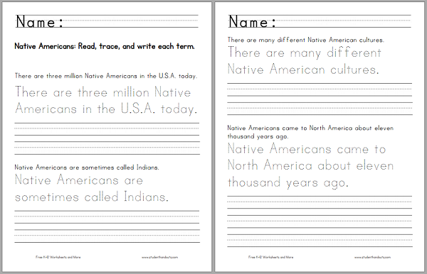 Native Americans Handwriting Practice - Worksheet is free to print (PDF file).
