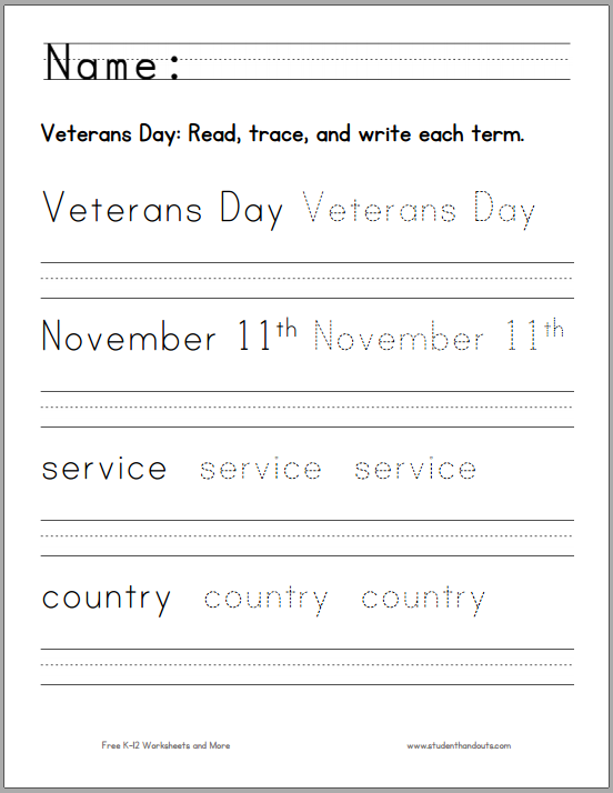 Veterans Day Handwriting and Spelling Worksheet - Free to print (PDF file).