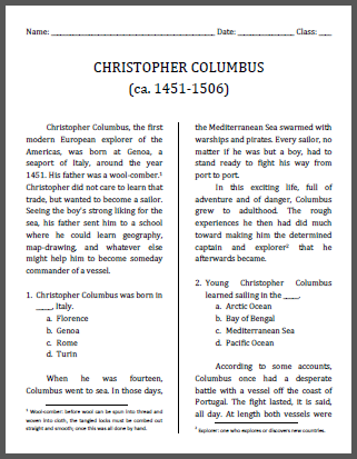 Christopher Columbus Workbook, Grades 4-6 - Free to print (PDF file).