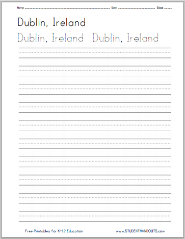 Ireland Handwriting Practice Worksheets - Free to print (PDF files) in print manuscript or cursive script.