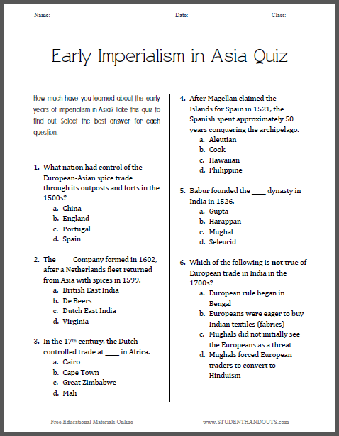 Early Imperialism in Asia - Pop Quiz for Grades 9-12 - Free to print (PDF file) for high school World History students and teachers.