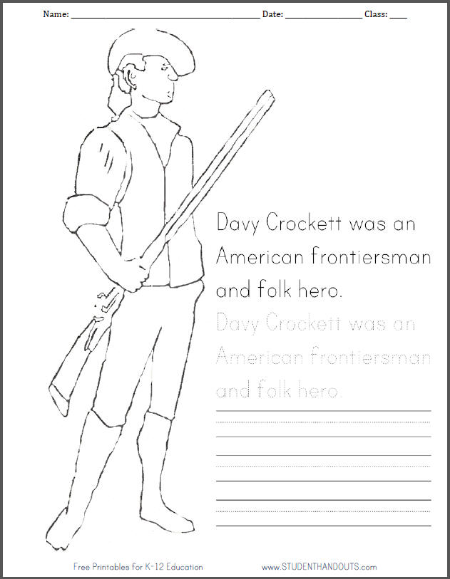 Davy Crockett Coloring Page with Handwriting Practice - Free to print (PDF file).