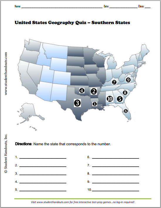 Southern States Printable Map Quiz - Free to print (PDF file).