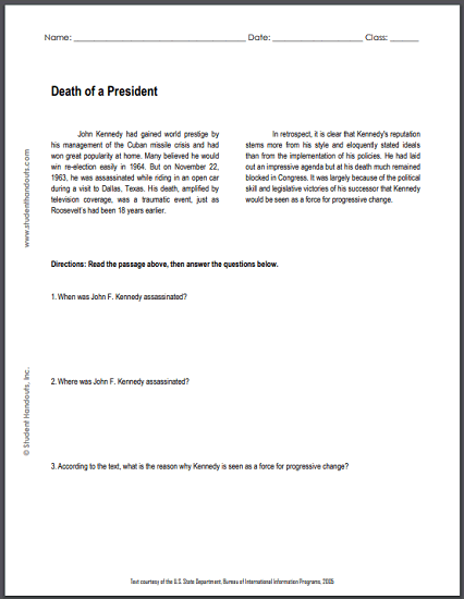 Death of a President - Free printable reading with questions (PDF file) for high school United States History classes.