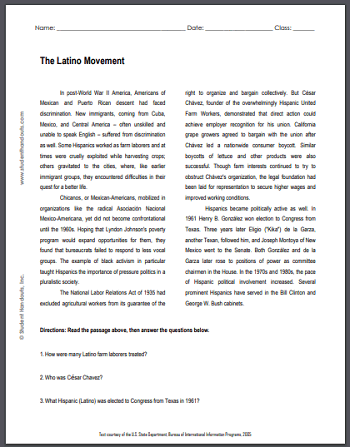 The Latino Movement - Free printable reading with questions (PDF file) for high school United States History education.