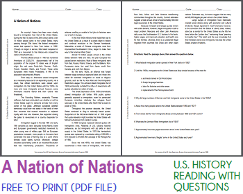 A Nation of Nations - Free printable reading with questions for high school United States History classes.