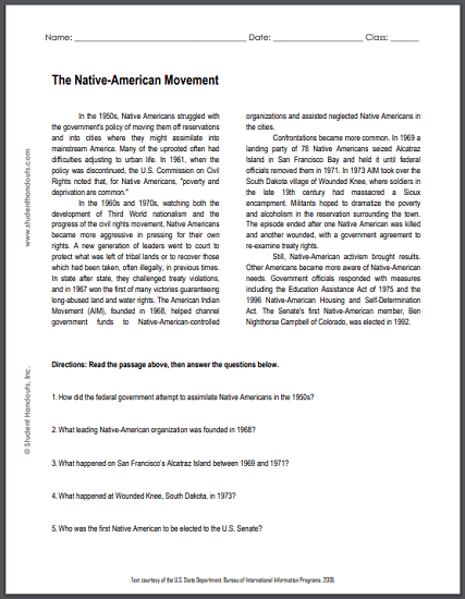 Native-American Movement - Reading with questions is free to print (PDF file) for high school United States History education.
