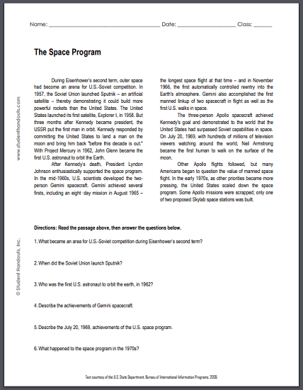 The Space Program - Free printable reading with questions for high school United States History students.