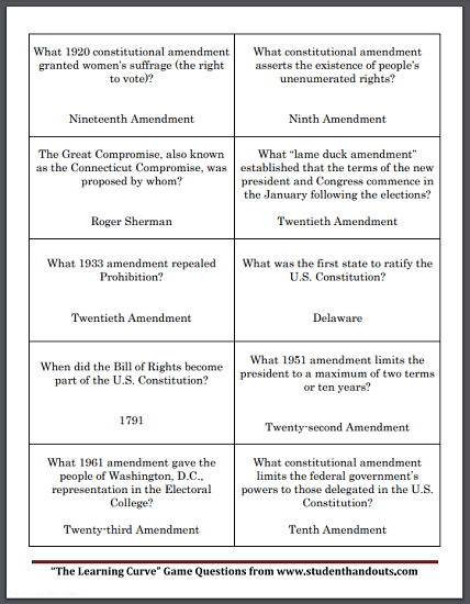 Constitution Game Question Cards - Free to print (PDF file). Five sheets for a total of fifty game cards.