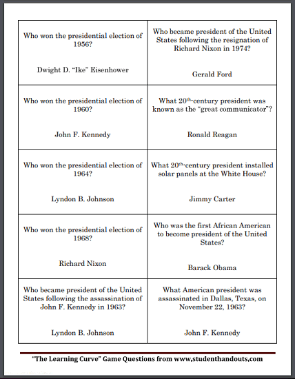 United States Presidents Game Cards - Free to print (PDF file). There are five sheets, each with ten questions, for a total of fifty questions.