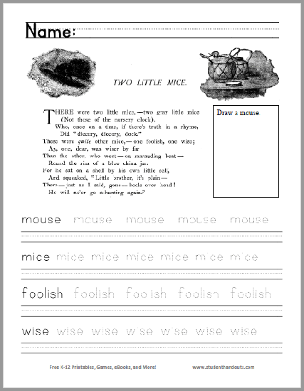 Two Little Mice Poem Worksheet - Free to print (PDF file) for kindergarten and first grade.